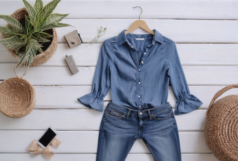 Flat lay produk fashion dengan HP di tripod dan pencahayaan alami