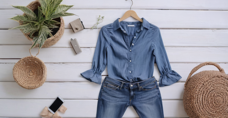 Flat lay produk fashion dengan HP di tripod dan pencahayaan alami